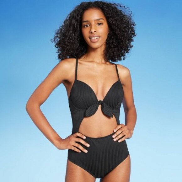 Black Ribbed Tie Front Cut Out One Piece Swimsuit - Picture 1 of 6